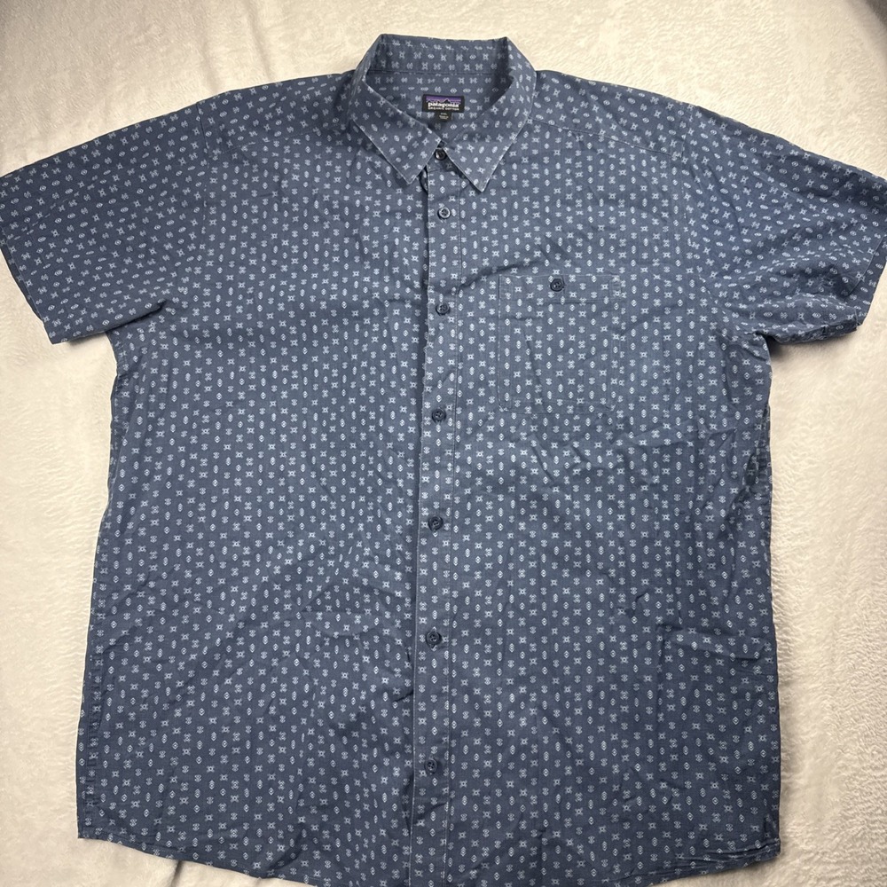 Patagonia Shirt Mens 2XL Navy Go To Geometric Short Sleeve Button Organic Cotton